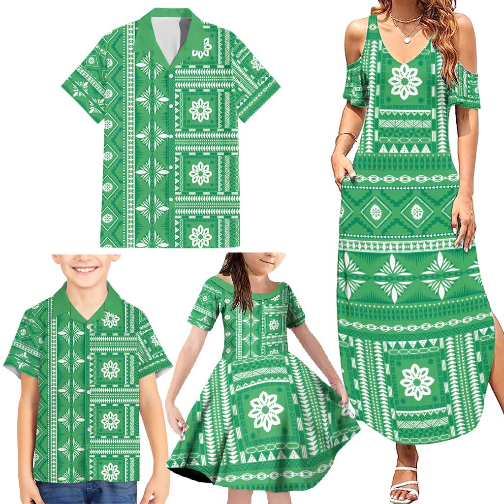 Fiji Masi All Green Family Matching Summer Maxi Dress and Hawaiian Shirt Tapa Pattern - Polynesian Pride