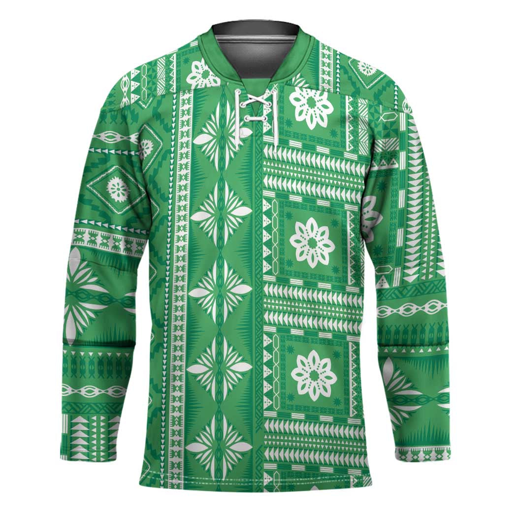 Fiji Masi All Green Hockey Jersey Tapa Pattern - Polynesian Pride