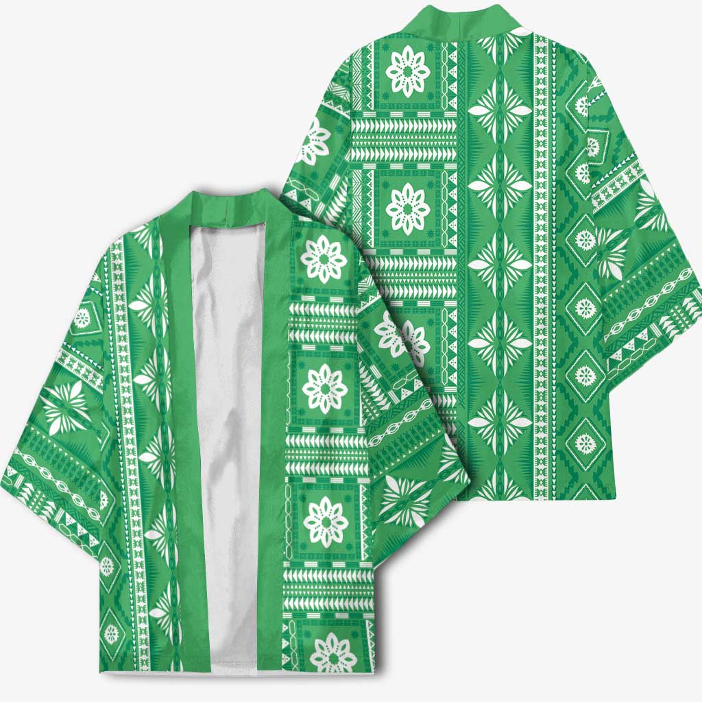 Fiji Masi All Green Kimono Tapa Pattern - Polynesian Pride
