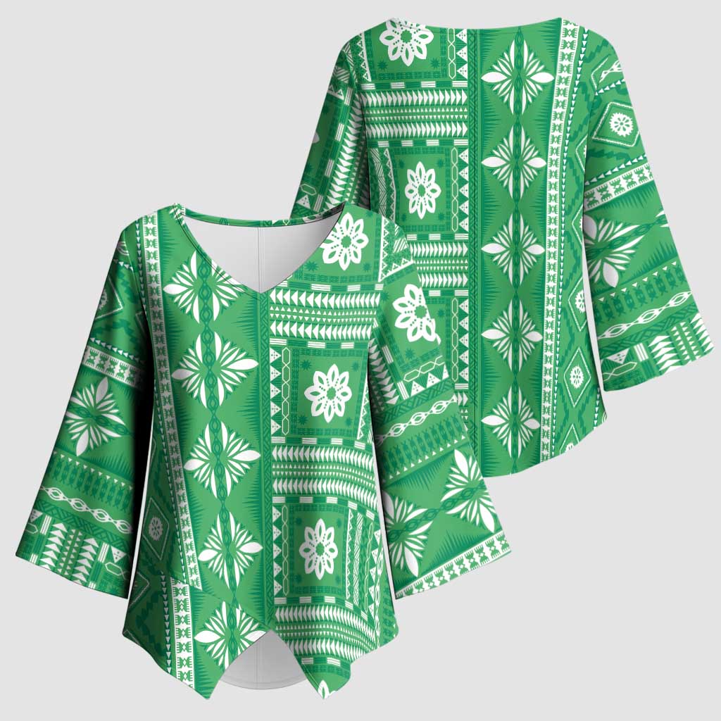 Fiji Masi All Green Kimono Sleeve Blouse Tapa Pattern - Polynesian Pride