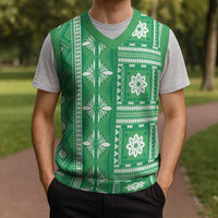 Fiji Masi All Green Christmas Knitted V-Neck Vest Tapa Pattern - Polynesian Pride