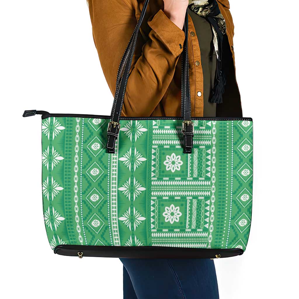 Fiji Masi All Green Leather Tote Bag Tapa Pattern - Polynesian Pride