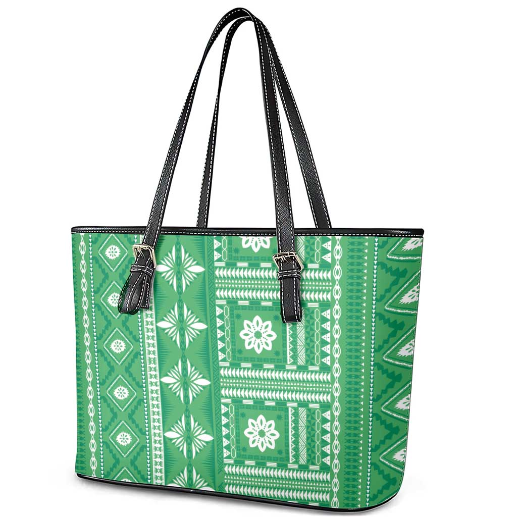 Fiji Masi All Green Leather Tote Bag Tapa Pattern - Polynesian Pride