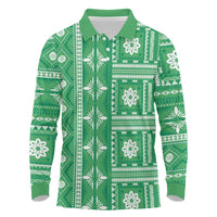 Fiji Masi All Green Long Sleeve Polo Shirt Tapa Pattern - Polynesian Pride