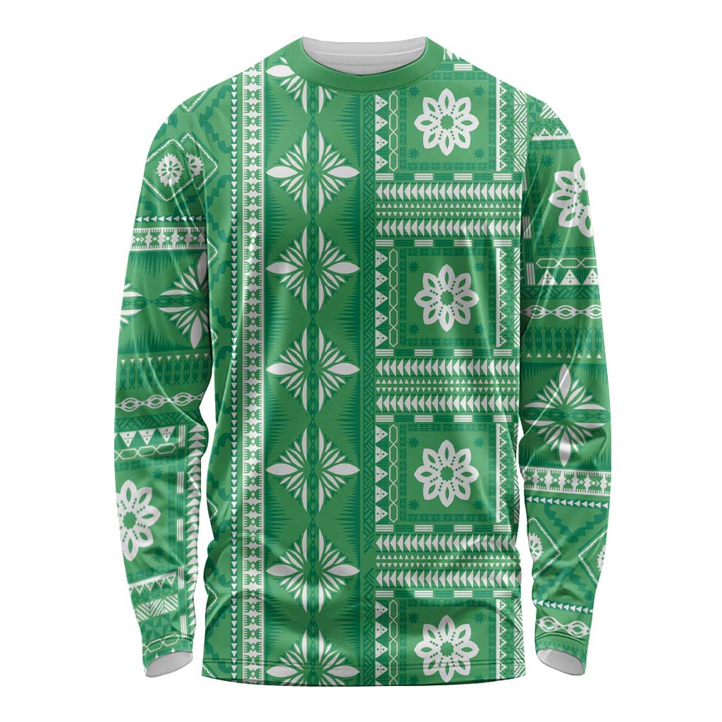 Fiji Masi All Green Long Sleeve Shirt Tapa Pattern - Polynesian Pride