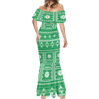 Fiji Masi All Green Mermaid Dress Tapa Pattern - Polynesian Pride