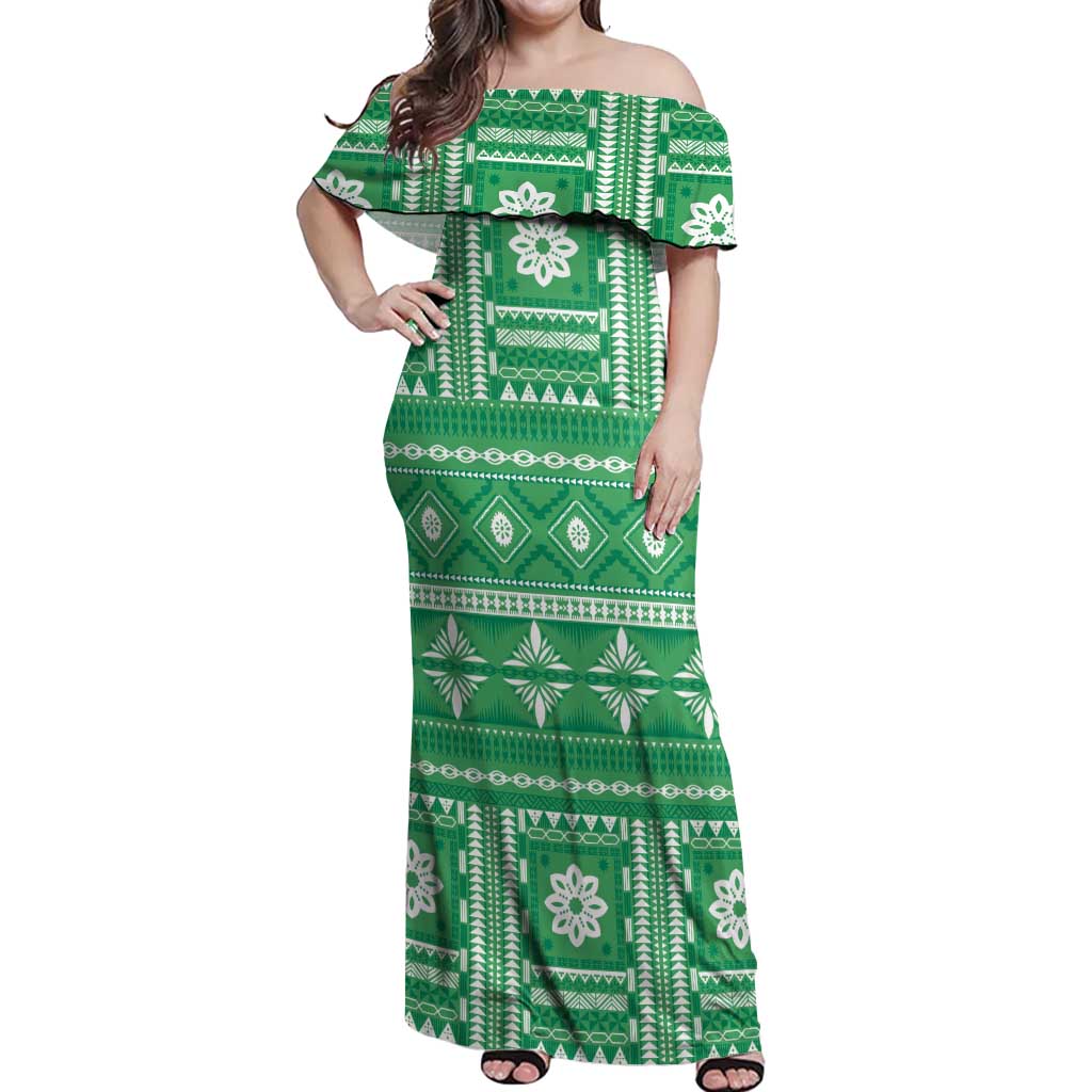 Fiji Masi All Green Off Shoulder Maxi Dress Tapa Pattern - Polynesian Pride