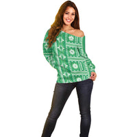 Fiji Masi All Green Off Shoulder Sweater Tapa Pattern - Polynesian Pride