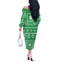 Fiji Masi All Green Off The Shoulder Long Sleeve Dress Tapa Pattern - Polynesian Pride
