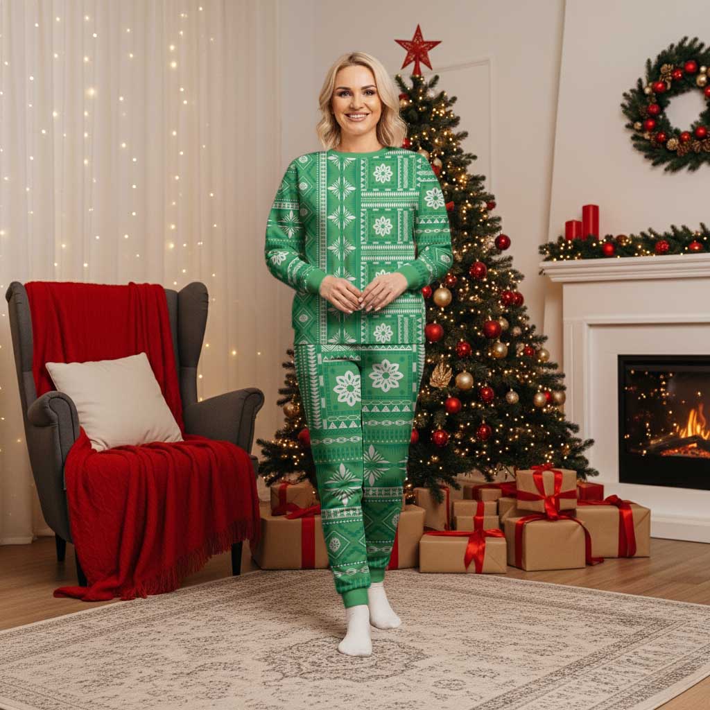 Fiji Masi All Green Christmas Pajama Set Tapa Pattern - Polynesian Pride