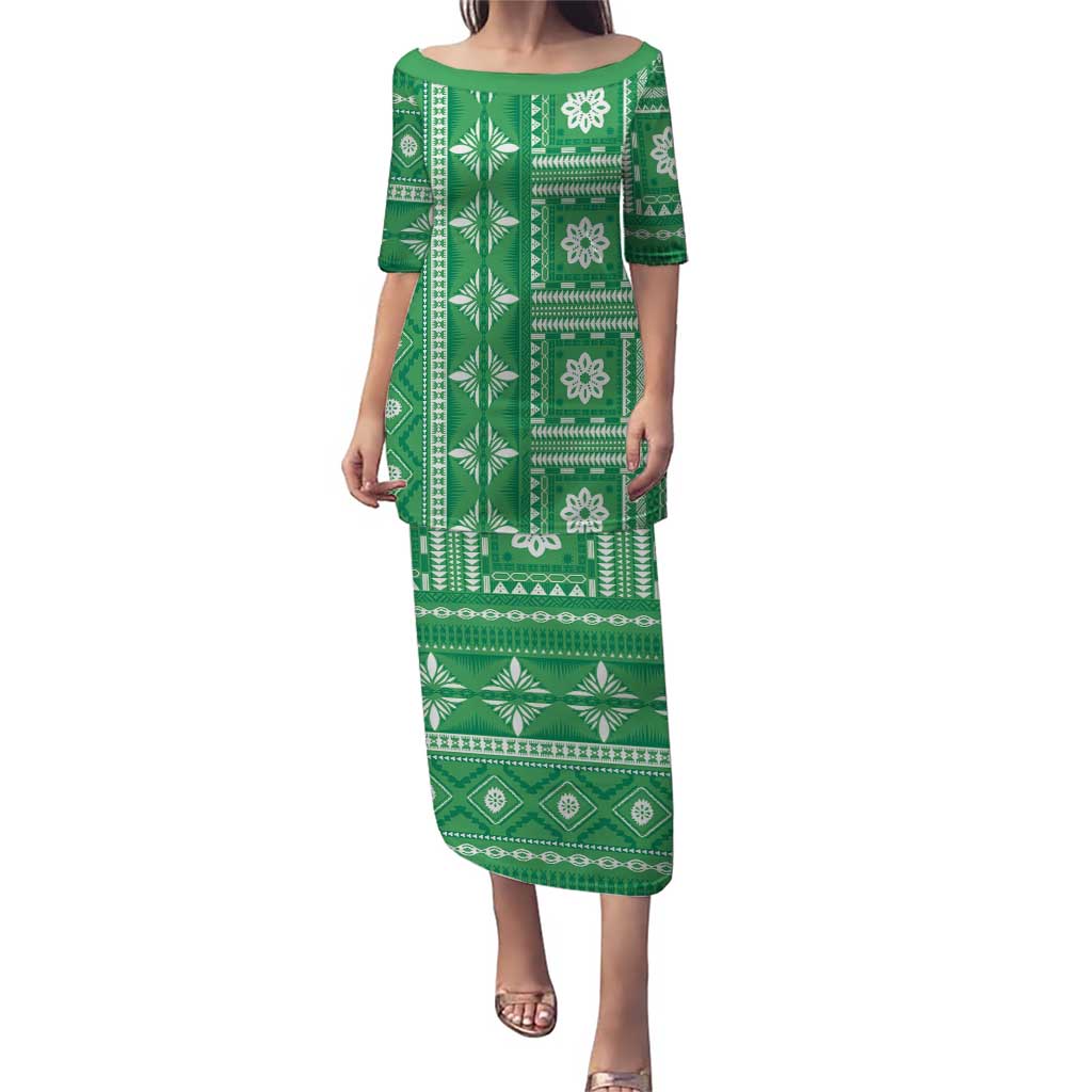 Fiji Masi All Green Puletasi Tapa Pattern - Polynesian Pride