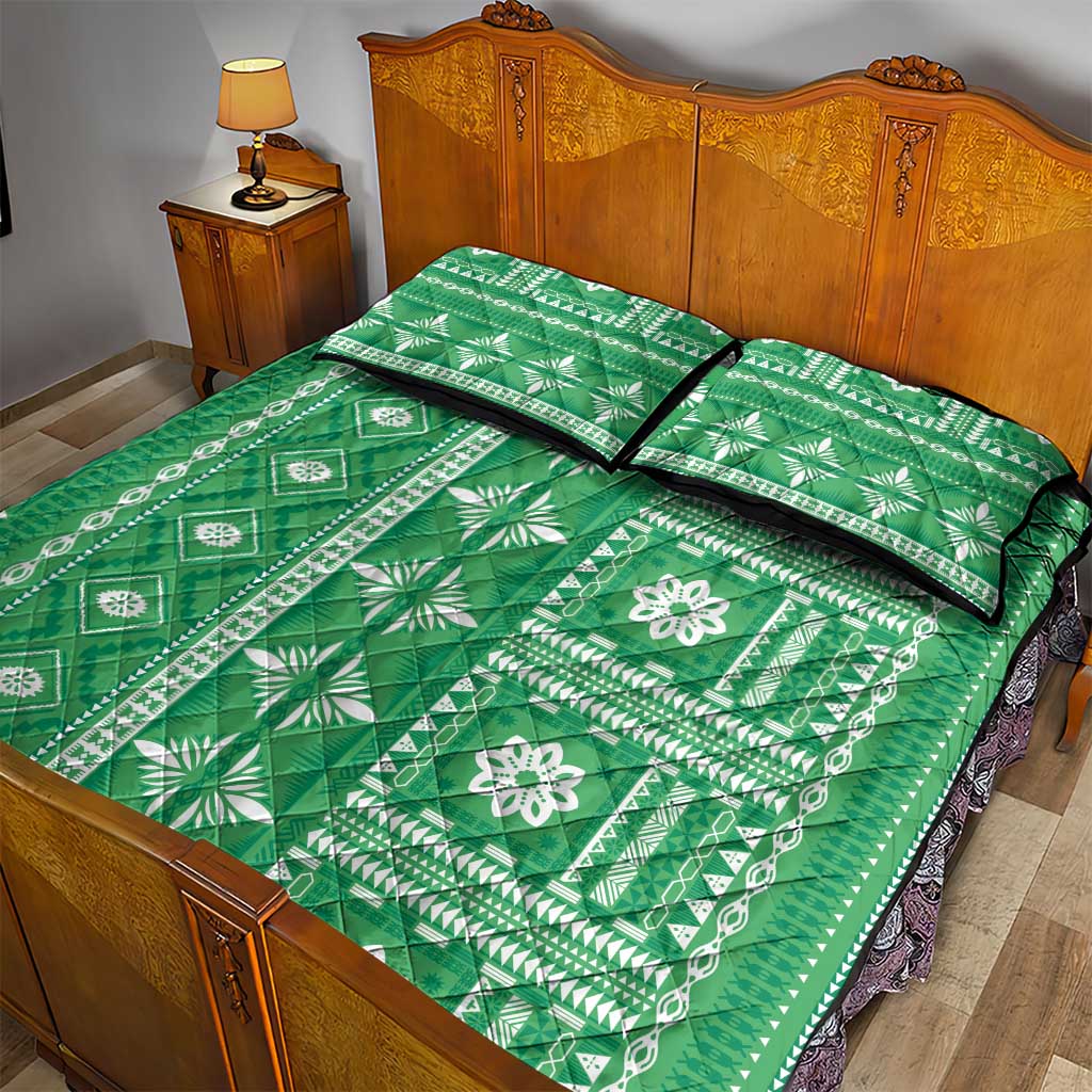 Fiji Masi All Green Quilt Bed Set Tapa Pattern - Polynesian Pride