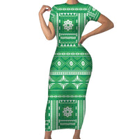 Fiji Masi All Green Short Sleeve Bodycon Dress Tapa Pattern - Polynesian Pride