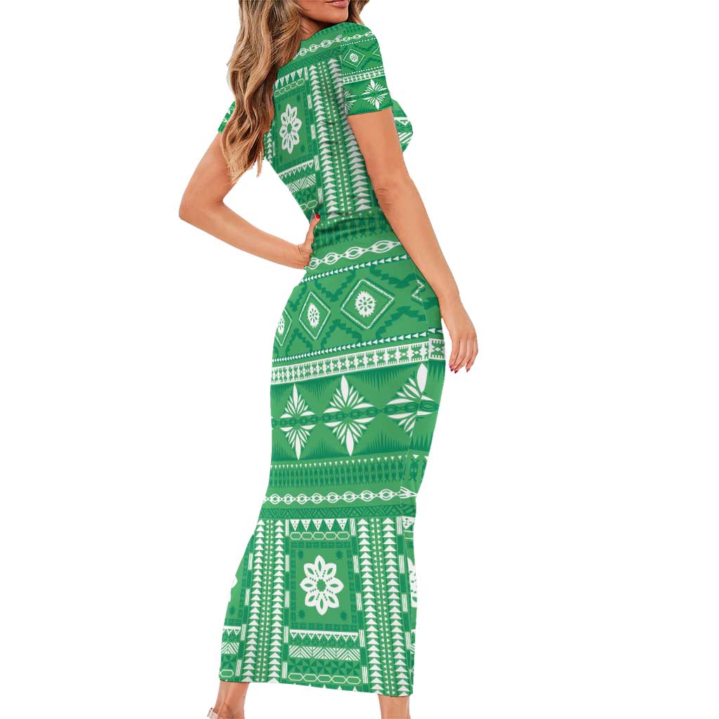Fiji Masi All Green Short Sleeve Bodycon Dress Tapa Pattern - Polynesian Pride