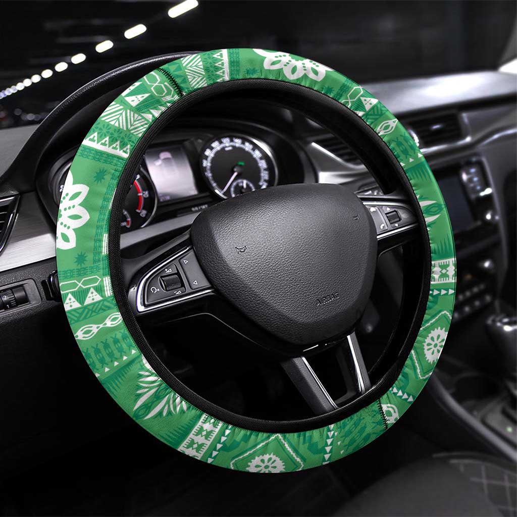 Fiji Masi All Green Steering Wheel Cover Tapa Pattern - Polynesian Pride