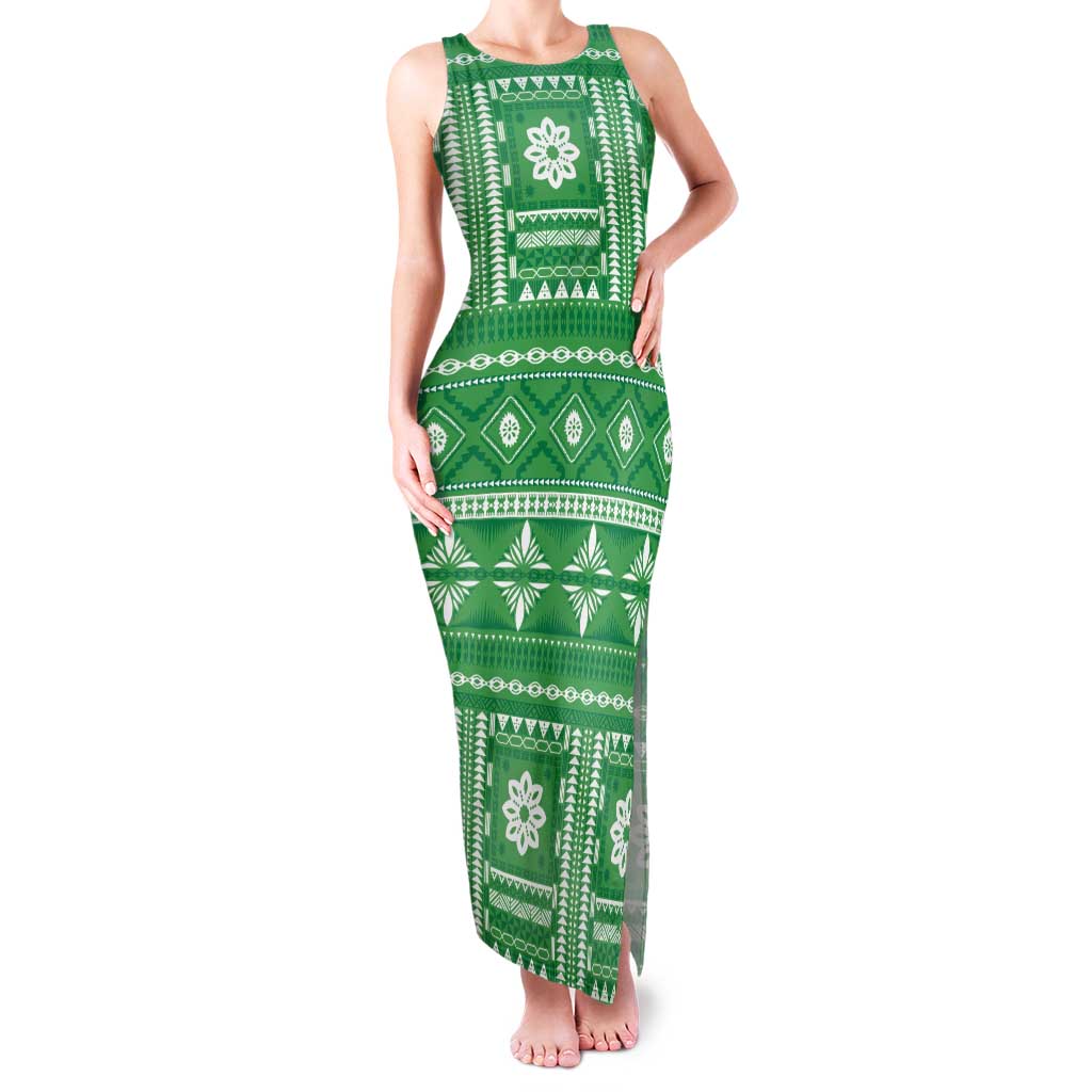 Fiji Masi All Green Tank Maxi Dress Tapa Pattern - Polynesian Pride