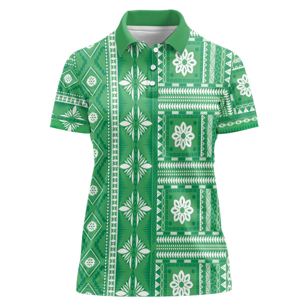 Fiji Masi All Green Women Polo Shirt Tapa Pattern - Polynesian Pride