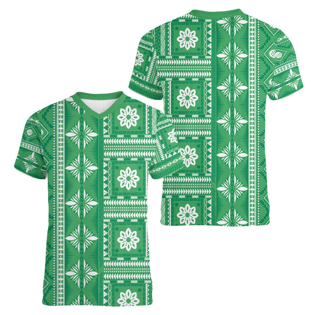 Fiji Masi All Green Women V-Neck T-Shirt Tapa Pattern - Polynesian Pride