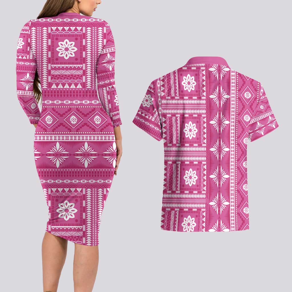 Fiji Masi All Pink Couples Matching Long Sleeve Bodycon Dress and Hawaiian Shirt Tapa Pattern - Polynesian Pride