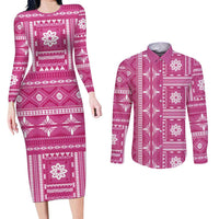Fiji Masi All Pink Couples Matching Long Sleeve Bodycon Dress and Long Sleeve Button Shirt Tapa Pattern - Polynesian Pride