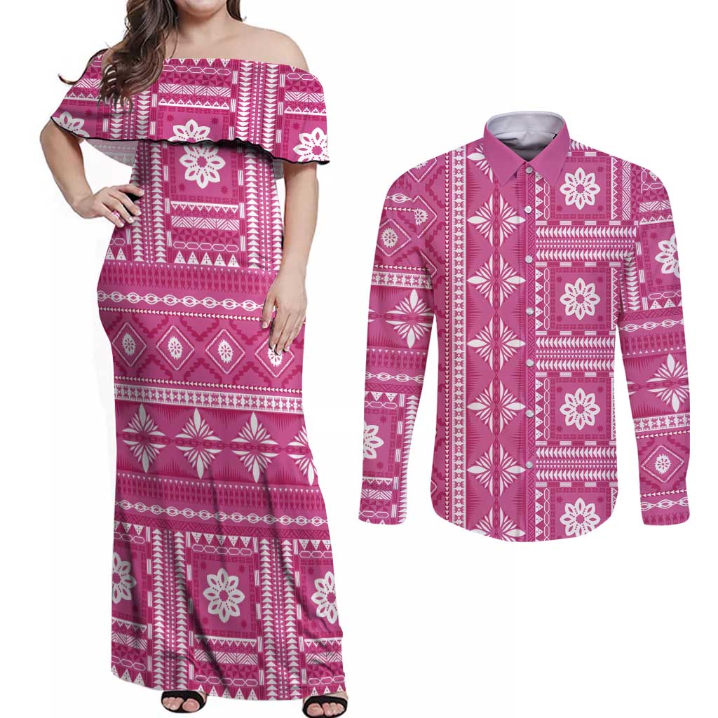 Fiji Masi All Pink Couples Matching Off Shoulder Maxi Dress and Long Sleeve Button Shirt Tapa Pattern - Polynesian Pride