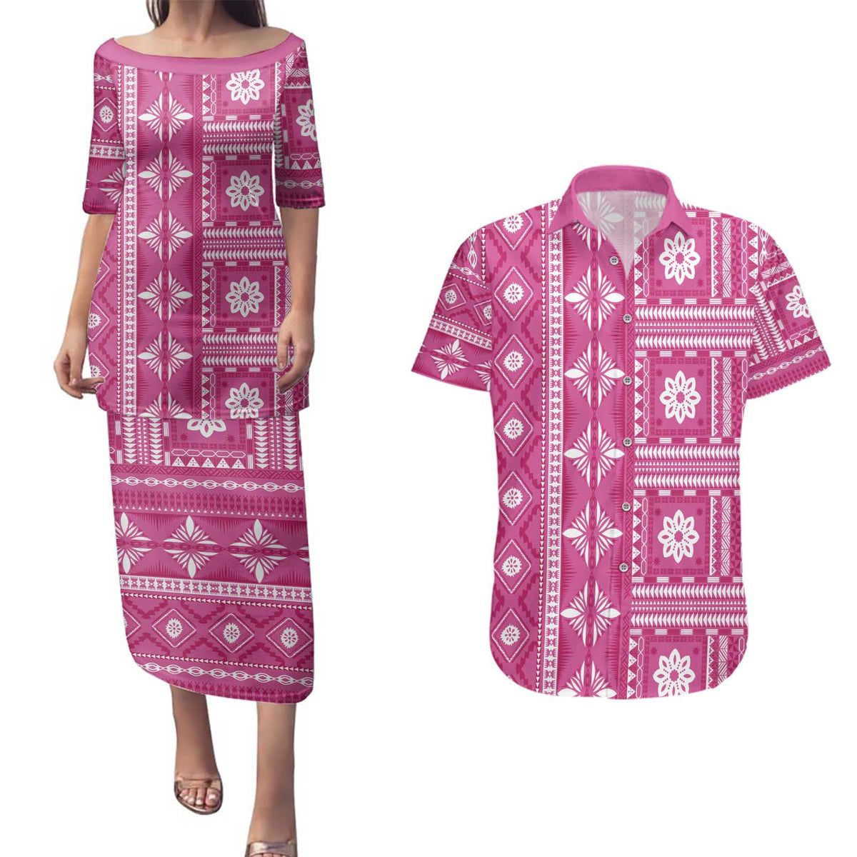 Fiji Masi All Pink Couples Matching Puletasi and Hawaiian Shirt Tapa Pattern - Polynesian Pride