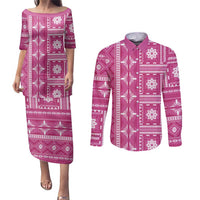 Fiji Masi All Pink Couples Matching Puletasi and Long Sleeve Button Shirt Tapa Pattern - Polynesian Pride