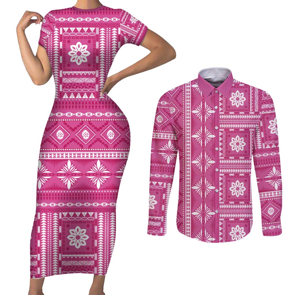 Fiji Masi All Pink Couples Matching Short Sleeve Bodycon Dress and Long Sleeve Button Shirt Tapa Pattern - Polynesian Pride