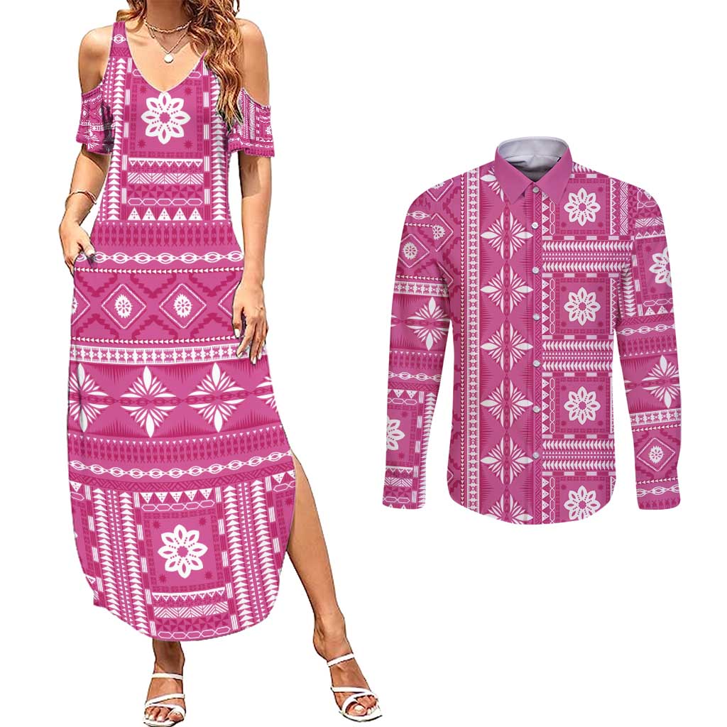 Fiji Masi All Pink Couples Matching Summer Maxi Dress and Long Sleeve Button Shirt Tapa Pattern - Polynesian Pride