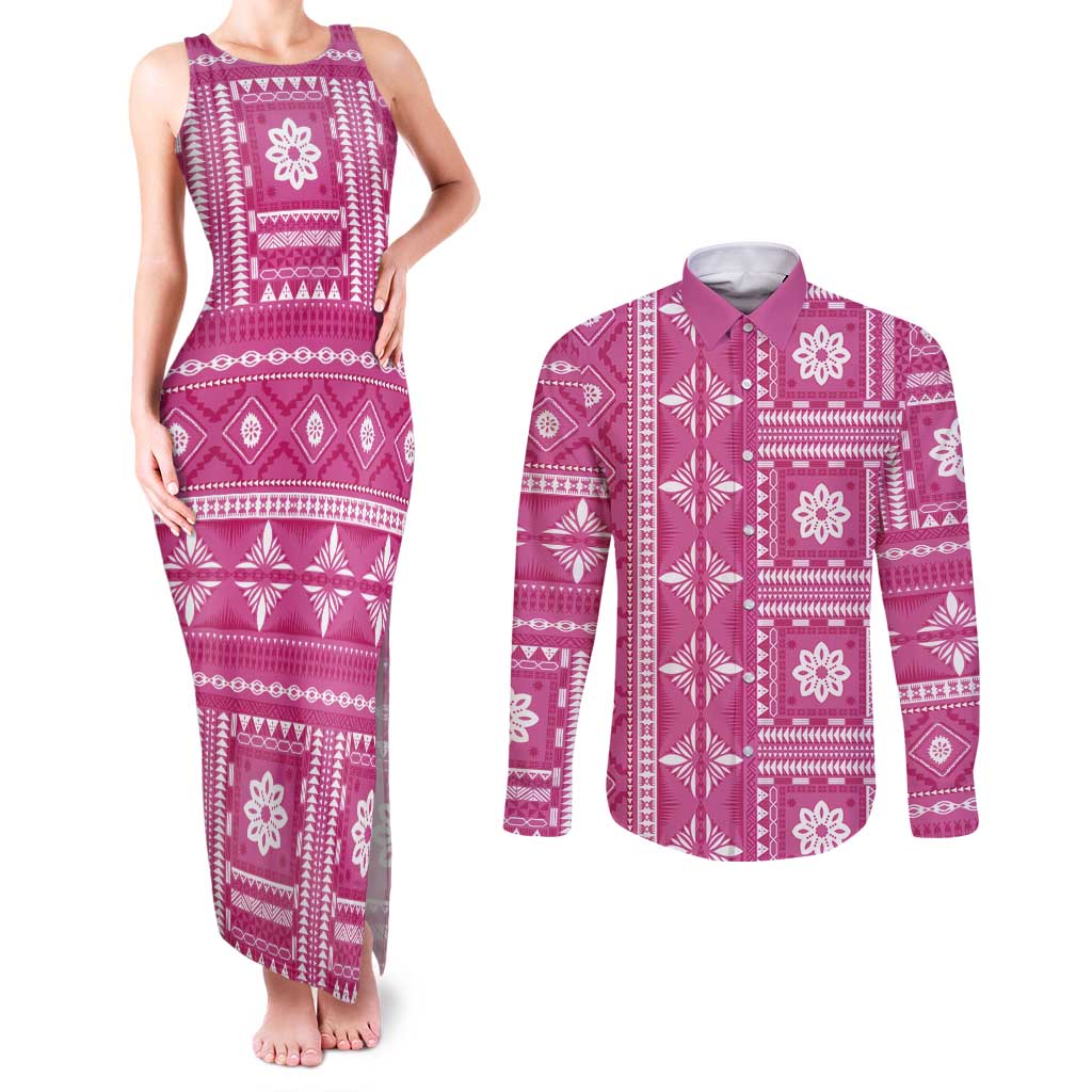 Fiji Masi All Pink Couples Matching Tank Maxi Dress and Long Sleeve Button Shirt Tapa Pattern - Polynesian Pride