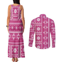 Fiji Masi All Pink Couples Matching Tank Maxi Dress and Long Sleeve Button Shirt Tapa Pattern - Polynesian Pride