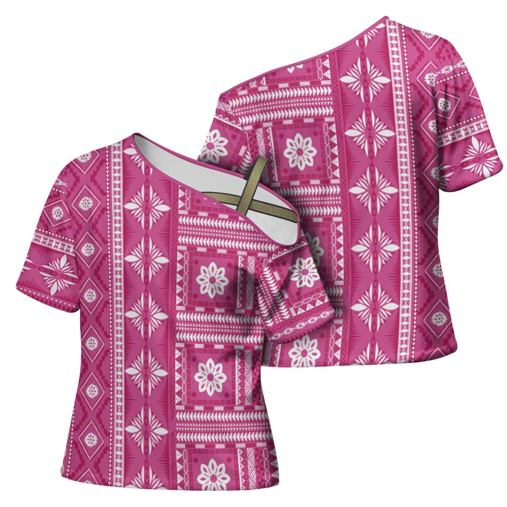 Fiji Masi All Pink Cross Shoulder Shirt Tapa Pattern - Polynesian Pride