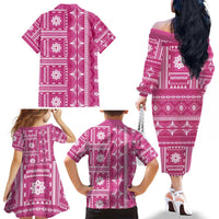 Fiji Masi All Pink Family Matching Off The Shoulder Long Sleeve Dress and Hawaiian Shirt Tapa Pattern - Polynesian Pride