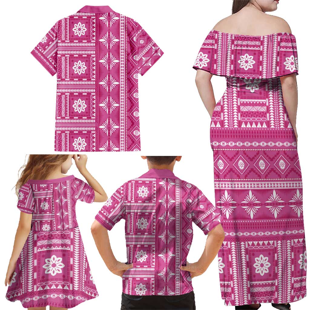 Fiji Masi All Pink Family Matching Off Shoulder Maxi Dress and Hawaiian Shirt Tapa Pattern - Polynesian Pride