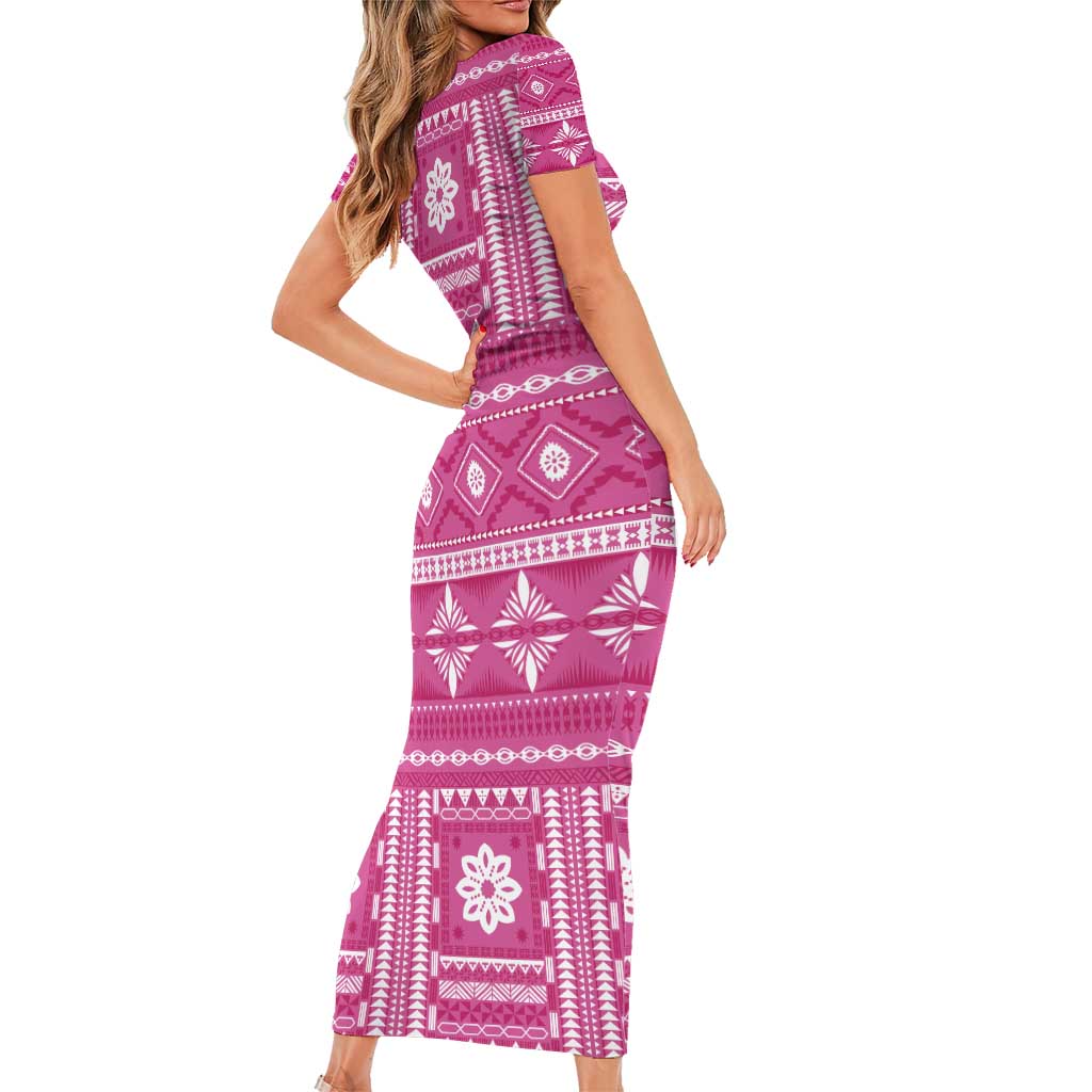 Fiji Masi All Pink Family Matching Short Sleeve Bodycon Dress and Hawaiian Shirt Tapa Pattern - Polynesian Pride