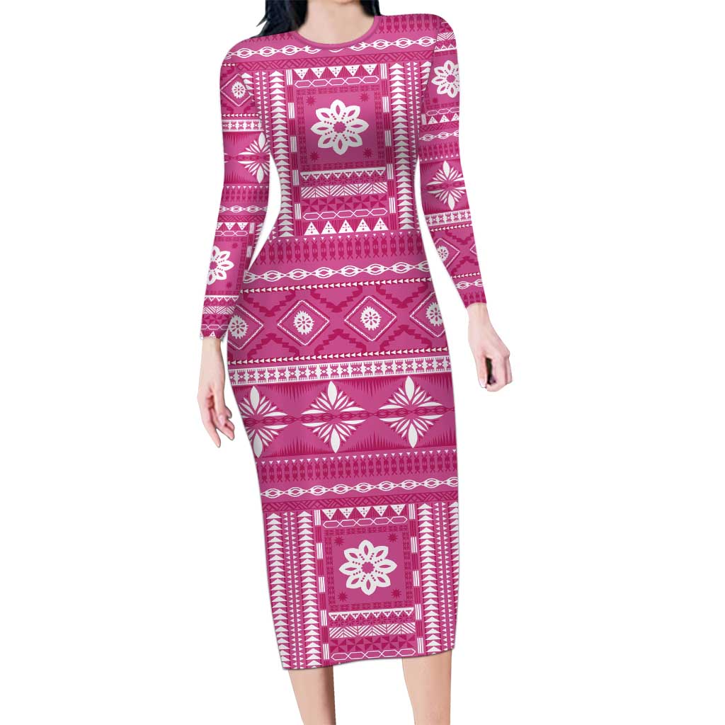 Fiji Masi All Pink Long Sleeve Bodycon Dress Tapa Pattern - Polynesian Pride