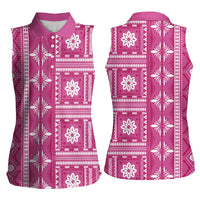 Fiji Masi All Pink Women Sleeveless Polo Shirt Tapa Pattern - Polynesian Pride
