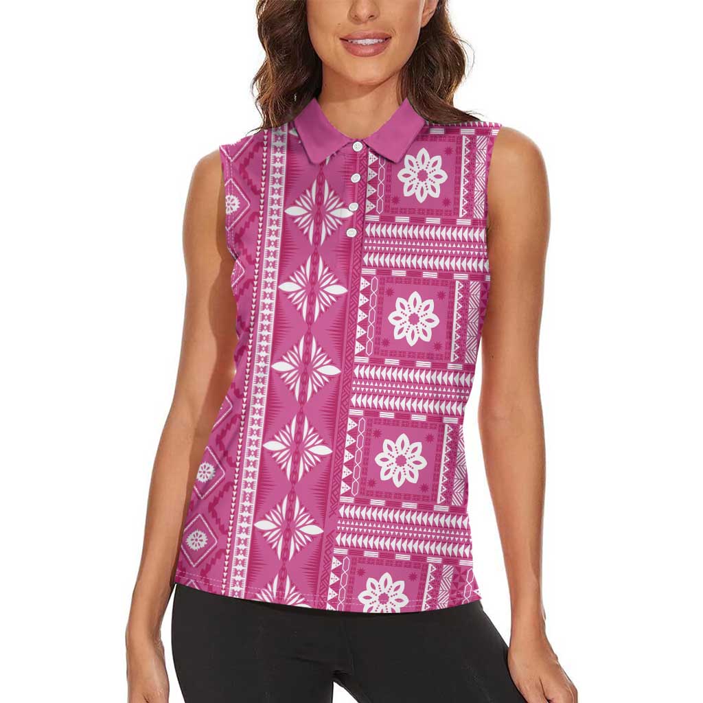 Fiji Masi All Pink Women Sleeveless Polo Shirt Tapa Pattern - Polynesian Pride