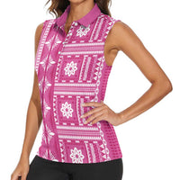 Fiji Masi All Pink Women Sleeveless Polo Shirt Tapa Pattern - Polynesian Pride