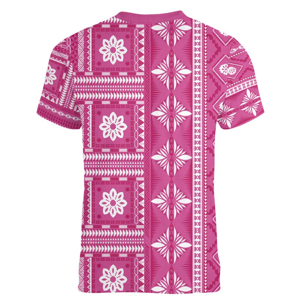 Fiji Masi All Pink Women V-Neck T-Shirt Tapa Pattern - Polynesian Pride