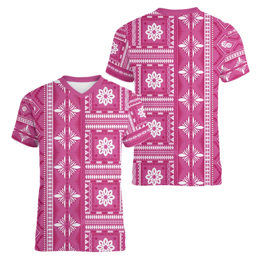 Fiji Masi All Pink Women V-Neck T-Shirt Tapa Pattern - Polynesian Pride