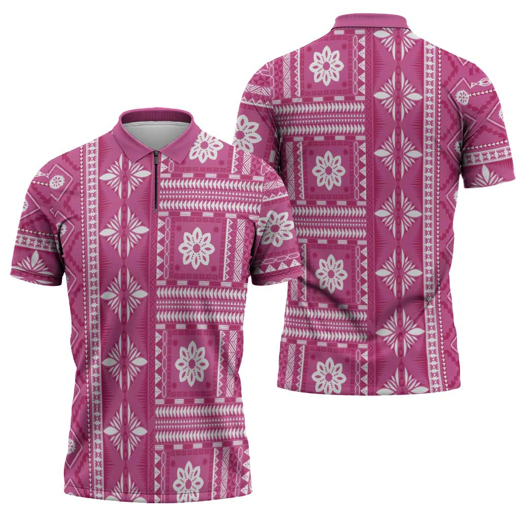 Fiji Masi All Pink Zipper Polo Shirt Tapa Pattern - Polynesian Pride