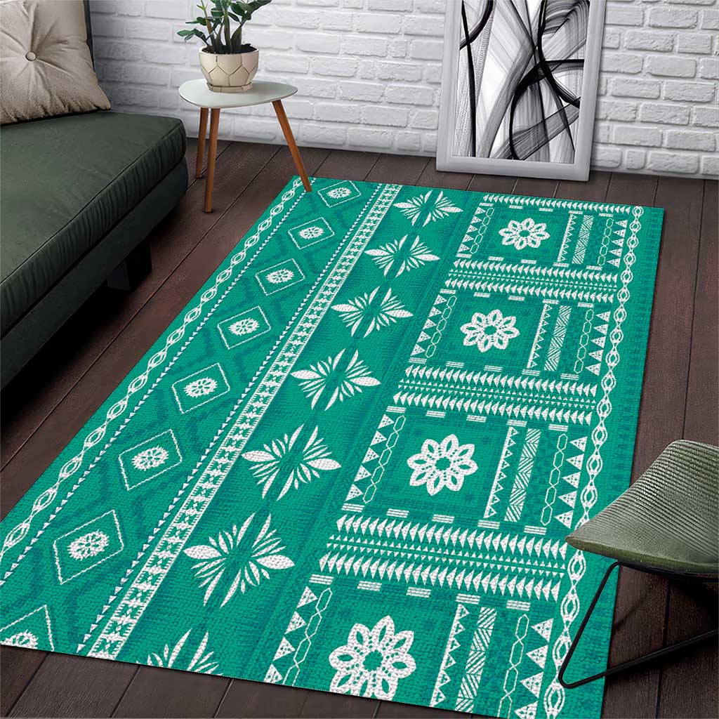 Fiji Masi All Teal Area Rug Tapa Pattern - Polynesian Pride