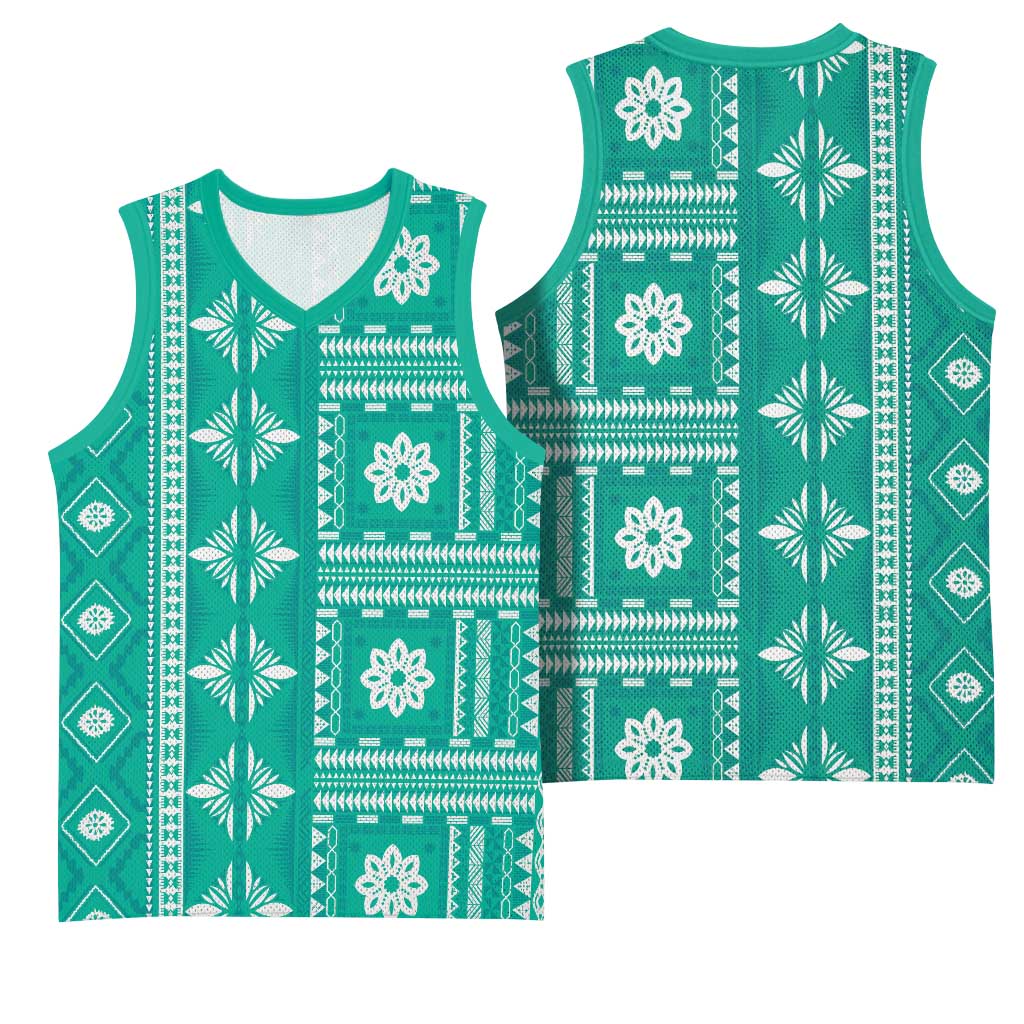 Fiji Masi All Teal Basketball Jersey Tapa Pattern - Polynesian Pride