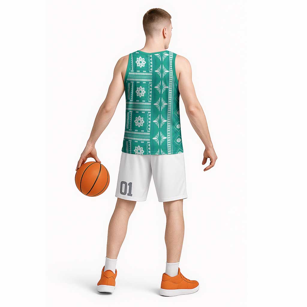 Fiji Masi All Teal Basketball Jersey Tapa Pattern - Polynesian Pride