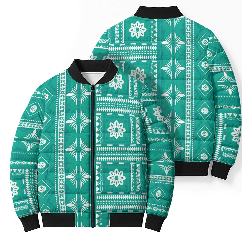Fiji Masi All Teal Bomber Puffer Jacket Tapa Pattern - Polynesian Pride