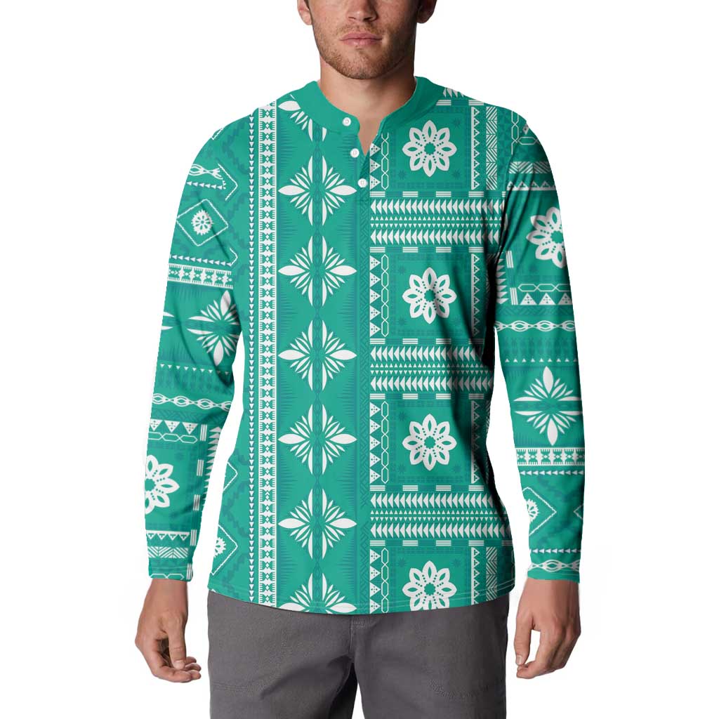 Fiji Masi All Teal Button Sweatshirt Tapa Pattern - Polynesian Pride