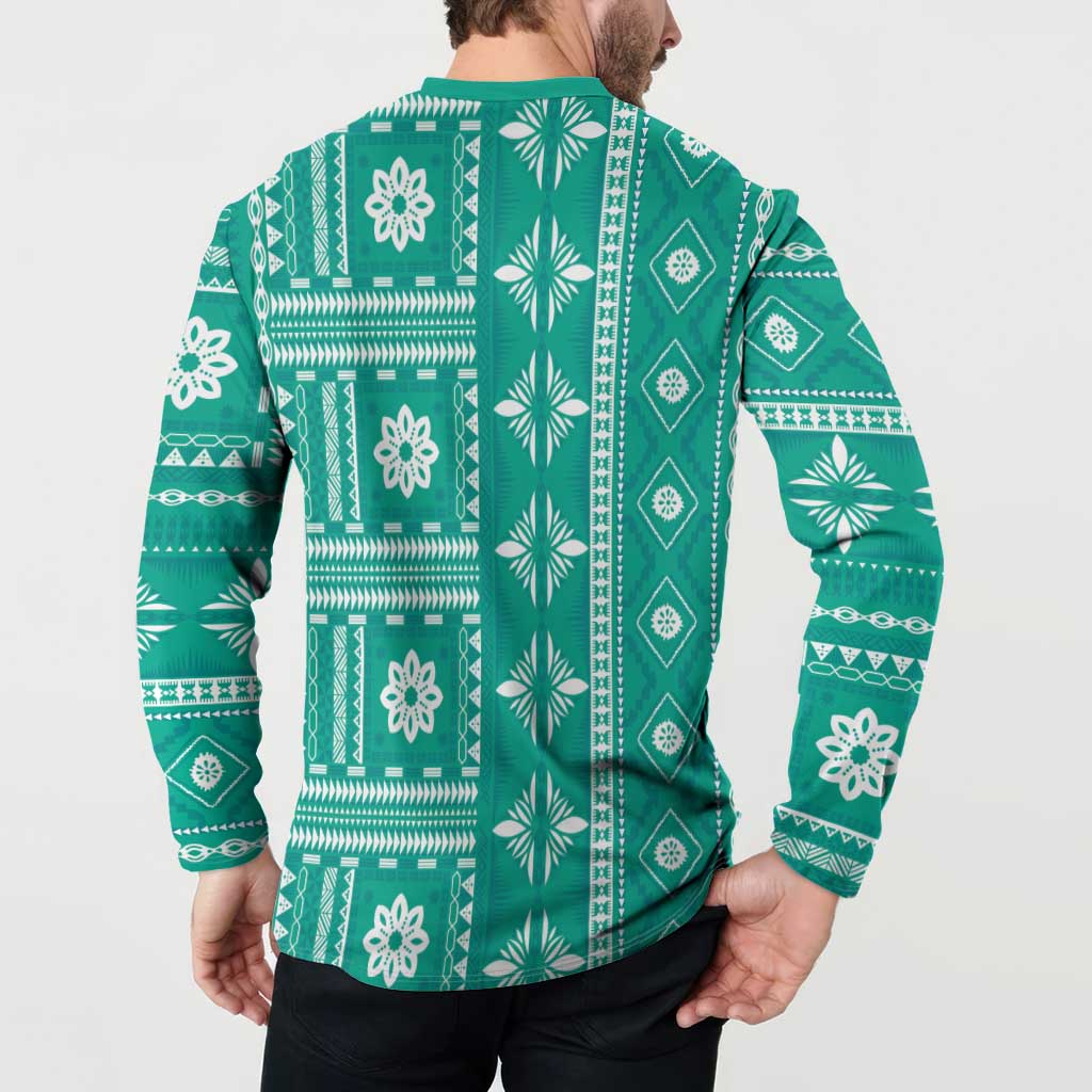 Fiji Masi All Teal Button Sweatshirt Tapa Pattern - Polynesian Pride