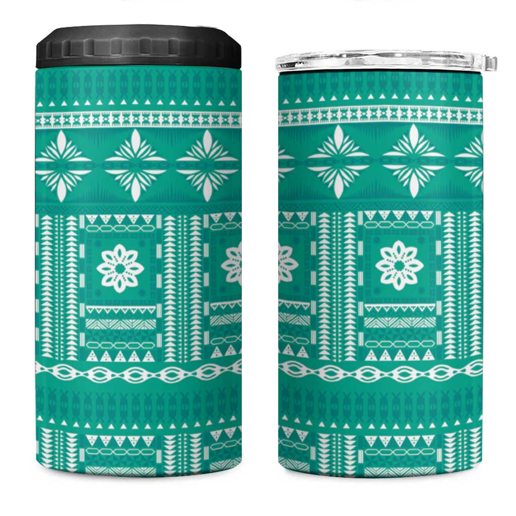 Fiji Masi All Teal 4 in 1 Can Cooler Tumbler Tapa Pattern - Polynesian Pride