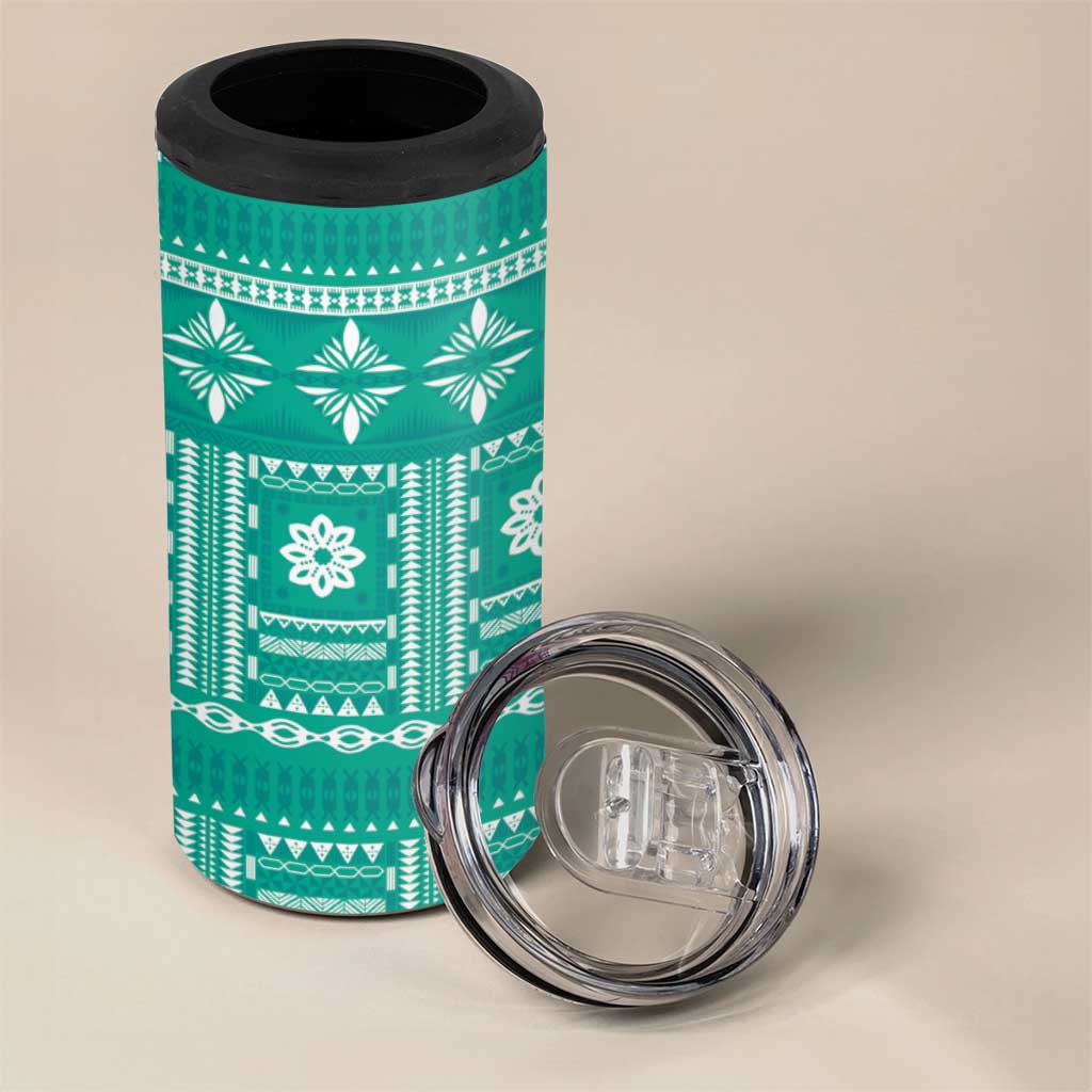 Fiji Masi All Teal 4 in 1 Can Cooler Tumbler Tapa Pattern - Polynesian Pride